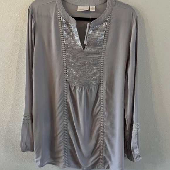 Chicos Sequin Shine Tunic Top In Seagull Grey - Picture 2 of 12